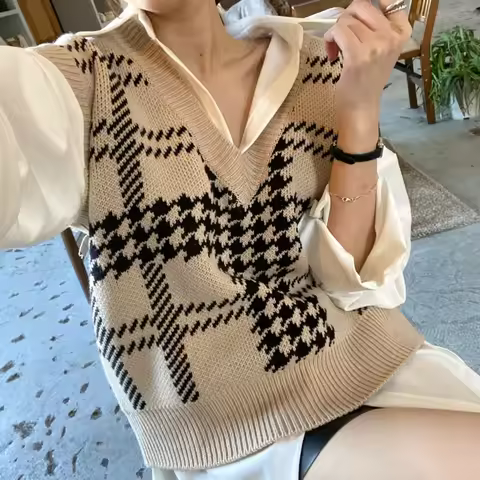 Women Houndstooth Striped Sweater Vest V-Neck Knitted Tank Top Sleeveless Tanks Varsity Casual Knitw