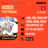 SIMPLY [eSIM] Vietnam Viettel | Vinaphone | Mobifone 3-30 Days | Unlimited4G | Daily: 5GB - 7GB| Tot