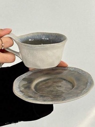 1入組窯燒釉裂咖啡杯＆茶碟,日式復古風格粗陶灰茶具,新流行設計馬克杯組,適用於家庭、辦公室、餐廳、咖啡館、拿鐵藝術