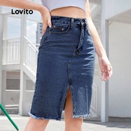 (Casual) Lovito Plain Split Denim Skirt for Women L131ED328
