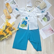 Bộ đồ bà ba mẹ và bé hoa sen nút bọc xanh lạ Angel Baby Shop Thời Trang Thiết Kế Mẹ và Bé