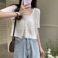 冰絲針織外套女防曬開衫 透氣薄款短袖罩衫 配連身裙外搭- 黑色 均碼