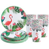Bộ tiệc Carnival hồng hạc nhiệt đới, đĩa ăn tối và tráng miệng theo chủ đề Aloha, cốc và bộ, đồ dùng