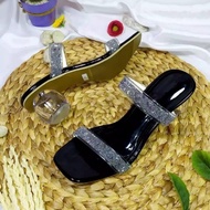 heels kaca/ sandal wanita murah/ hak kaca bulat ban dua jely motif/sandal wanita kekinian/sandal wan