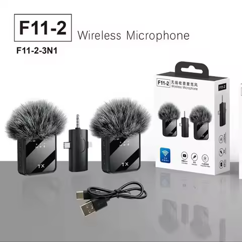 F11-2 F15 3-in-1 Wireless Lavalier Microphone Dual Mic Noise Cancellation Mini Clip-On for iPhone An