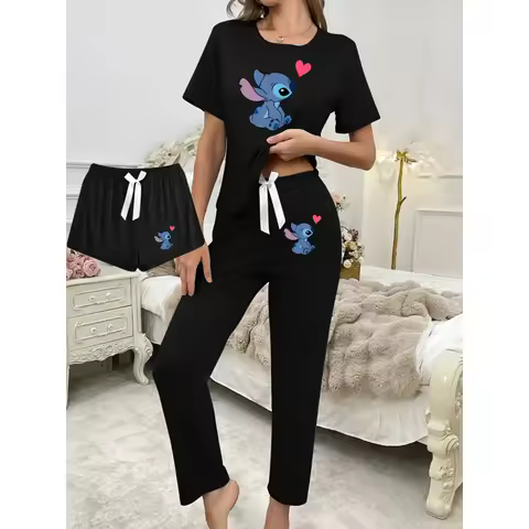 3pcs Stitch Short Sleeve Pajama Set, Cartoon Print Pattern Comfortable Casual Polyester Spring/Summe
