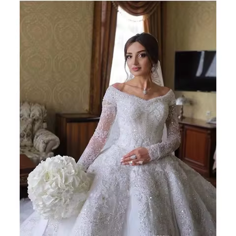 Dubai Arab Luxury Sparkling Long Sleeve Wedding Dress Lace Beads Off Shoulder Elegant Bridal Ball Dr