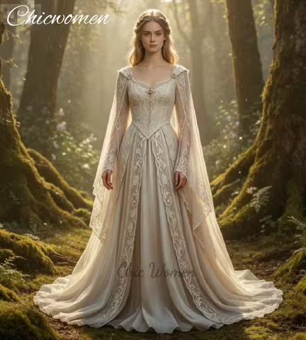 Ivory Lace Medieval Wedding Dress with Cape Sleeves Elven Renaissance Enchanted Forest Aesthetic Boh