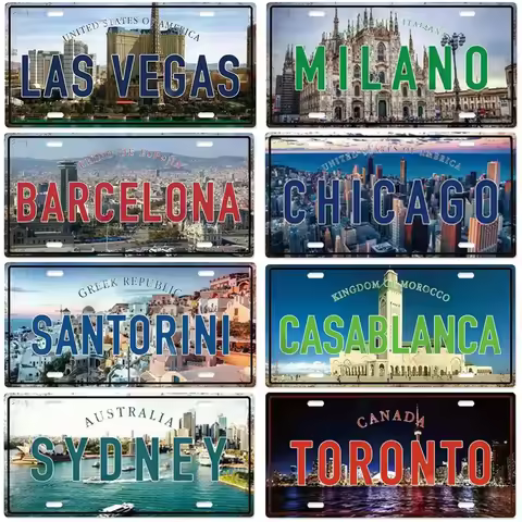 HD Tin Sign, Vintage World Famous City Landmark License Plate Metal Wall Art, Retro Travel Cityscape