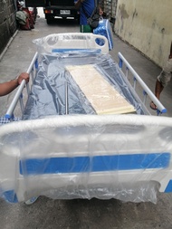 Hospital Bed 2 cranks complete set with 4 inch foam leatherrete, overbed table and IV pole (Made In Taiwan)