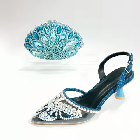 INSIGHTLINK Italian Design Lady Sky Blue High heeled sandals Wedding Gems Shoes And Bag Full Diamond
