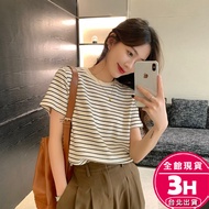 [Rika] Arrive The Next Day Women's Tops Short-Sleeved T-Shirt Striped Loose Summer Round Neck Casual