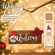 Christmas Wooden Door Hanging Sign Welcome Gnome Decoration Red White Plaid Bow Wall Ornament for Ho