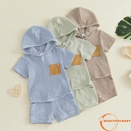 Beauty-Baby Boys Summer Outfits Striped Short Sleeves Hoodie T-Shirt and Elastic Shorts Set for 2 Pi