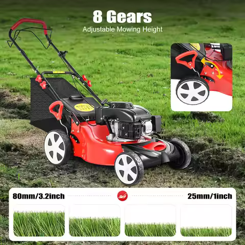 Self-Propelled Gas Lawn Mower 5HP 140CC, 20 Inch Cutting Width with 60L Grass Bag, 8 Height Adjustab