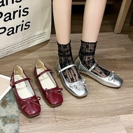 A7A7 Single Shoes Shiny Ballet Style Fashion Square Toe Shallow Mouth Silver Autumn Flat Shoes Mary 