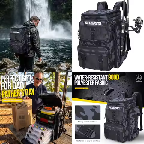 Fishing Tackle Backpack with Rod Holders42L Water-resistant Fishing Bag Store Fishing Gear, Fish Gif