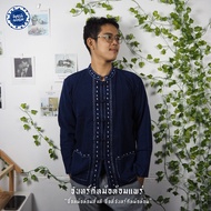 เสื้อหม้อห้อมคอจีนด้นขาวแขนยาว ทรงตรงไม่เข้ารูป