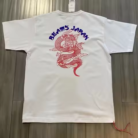 Oversized Cotton Beams Tshirts Summer Japan Tokyo Street Dragon Print Weaving Red Rope Casual Men Wo