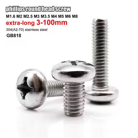 M1.6 M2 M2.5 M3 M3.5 M4 M5 M6 M8 Long Cross Phillips Pan Round Head Screw Bolt A2-70 304 Stainless S