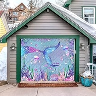 Mermaid Garage Door Cover Banner Decorations Backdrop 7x8ft Mermaid Tail Jellyfish Coral Colorful Sc