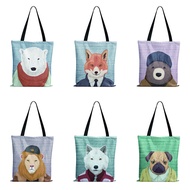 Cartoon Animal Avatar Shopping Bag for Women Eco Reusable 3D Digital Print Canvas Bag Bear Fox Pattern Girl College Tote Bag