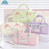 OPENMALL Cartoon Cat Embroidery Pencil Case Bowknot Large Capacity Handheld Korean Stationery Bag Pa