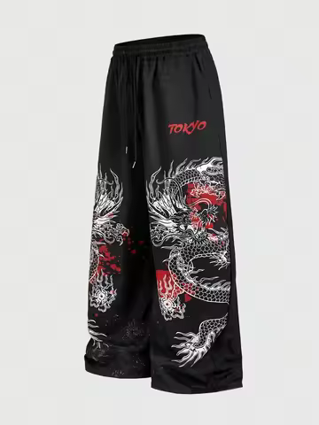 ROMWE Men's Anime Men's Songlong Wide-leg Trousers, Floor-length Trousers for Both Men and Women Str