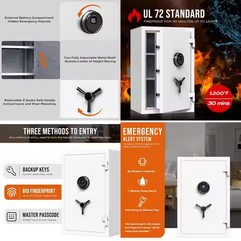 Biometric Safe Box - Digital Fingerprint Recognition, Waterproof, Touchscreen, Removable Shelf, 3-Sp