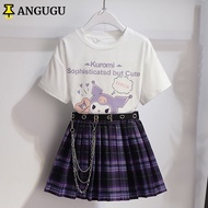 ANGUGU Baju Kanak Perempuan,jk Uniform Full Sets For Girls Kuromi T-Shirt &amp; Skirt Set Short Sleeved Skirt With Belt Kids Summer Clothes, Children's Skirt