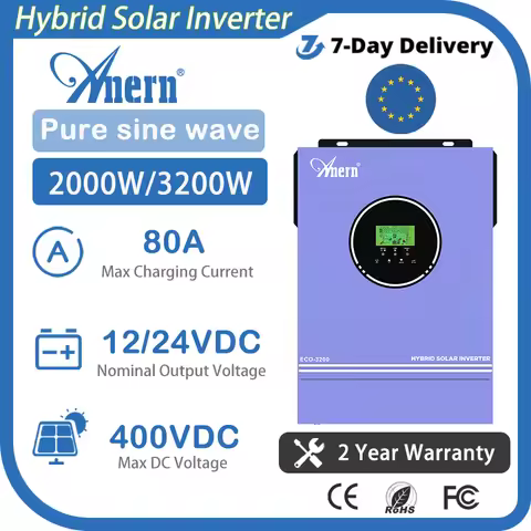 Anern Hybrid Solar Inverter 24V 3.2KW 12V 2KVA Battery Charger 220VAC Max PV 400V With 80A MPPT Char