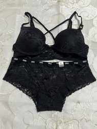 (Size: 32 A/B ; 34 A/B) 現貨原裝-Victoria's Secret - PINK Fancy / sexy Black front closure push up bra set with match lace mesh panties 內衣套裝