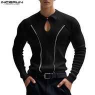 INCERUN Men's Fashion Collar Zipper Design Long Sleeve Shirt Polo shirt