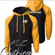 Jaket Zipper Hoodie Caterpilar Bahan Kain Flecee Warna Hitam Kombinasi Lengan Warna Kuning Ready Siz