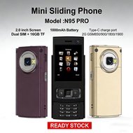 N95 PRO Mini Slide Phone Dual SIM 1000mAh Type-C 2G Feature Phone FM Radio Torch