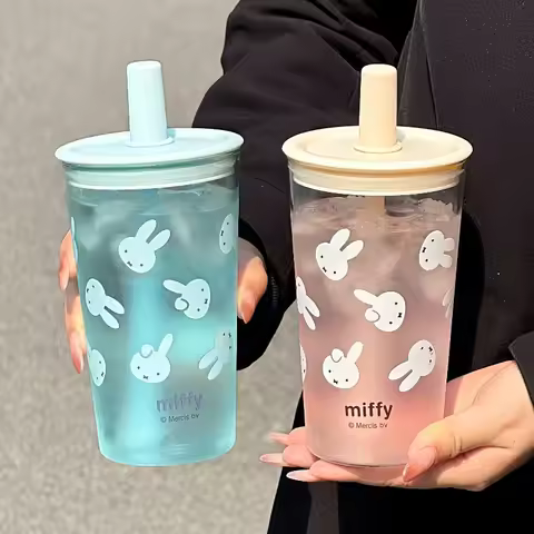 Anime Miffy Glass Straw Cup Large Capacity Leak Proof Heat Cold Resistant Food Safe Odor Free HD Pri