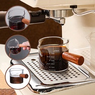 【In stock】Double Spouts Measuring Triple Pitcher Milk Cup with Wood Handle 75ML Espresso Shot Glasses Parts Clear Glass
