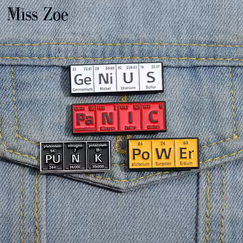 Chemical Element Enamel Pins Custom PO W ER GE NI U S Punk Brooches Lapel Badges Subject Jewelry Gif