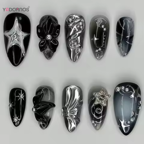 30pcs Y2k Spicy Girl Press On Nails 3D Carving Black Flower Stars Diamond Designs False Nails Gradie
