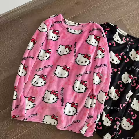 Winter Hello Kitty Pajama Top Kawaii Cartoon Pajama Warm Thickened Woman Top Plush Homewear Cute Sle