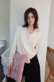 復古 polo / 假兩件親膚針織衫 / 羊毛桑蠶絲混紡