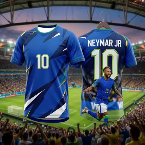 Brazil Fan Soccer T-Shirt Neymar #10 Geometric Pattern Player Portrait Breathable Quick Dry Training