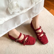 CHELSEA Soft Leather Red Belt Buckle Ballet Flats - Women's Genuine Cow Leather Pumps