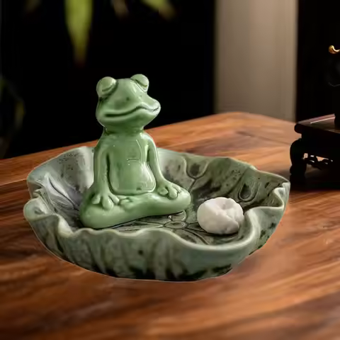 Ceramic Frog Backflow Incense Holder Lotus Leaf Tray Stick Catcher for Spiritual Cleaning Room