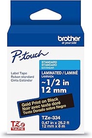 Brother Genuine P-Touch TZe Gold Print on Black Label Tape (TZe334), Laminated,1/2in x 26.2ft (12mm
