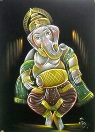 Indian Lord Ganesha Playing Mridangam Dholak Made Painting On Velvet Fabric Wall Hanging: Size Gift