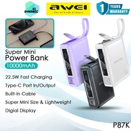 Awei P87K 10000mAh Powerbank 30W Fast Charging Power Bank Built-In Cable Pawer Bank Portable Bank Ku