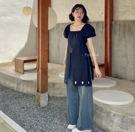 FONTLINE มินิเดรสน่ารักสุดชิค มี2ไซส์ให้เลือก เดรสแขนสั้น แขนพอง แหวก3ทาง พรางหุ่น ผ้าฝ้ายเกรดฟอกนุ่