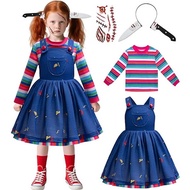 Horror Movie Chucky Doll Cosplay Costume For Kids Striped Top+Print Suspender Dress For Little Girl 