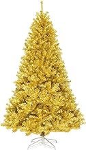 ANSACA 6ft/7.5ft Golden Tinsel Artificial Christmas Tree, Unlit Hinged Spruce Full Tree with 1036/1258 Branch Tips and Metal Stand, Easy Assembly, 7.5FT Holiday Xmas Tree Indoor Outdoor